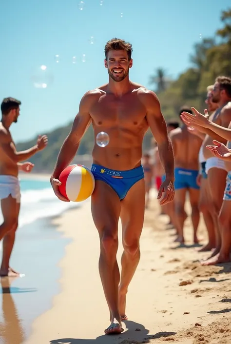 A handsome 27-year-old tall white young man in a mens fashion show on the beach shore wearing a de bandera paraguay swimsuit with a beach ball in his hand. Many people applaud him and bubbles are around him. Tight boxer shorts in the colors De paraguay roj...