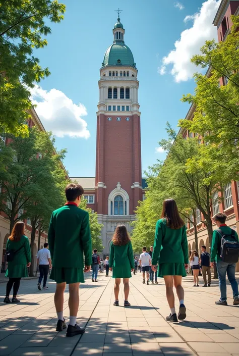 The brick school is tall and spacious. The students wear green uniforms. They are high school students in urban areas. The uniforms are green with red ribbons and green blazers. The skirt color is green.