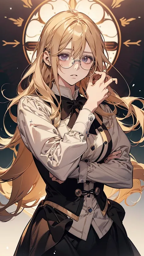 Wearing glasses、Anime-style illustration of a blonde girl in a white shirt, Violet Evergarden, Detailed portrait of an anime girl, Detailed Key Anime Art, Beautiful and detailed anime art, change, Long Haired Blonde Anime, Detailed digital anime art, Splas...