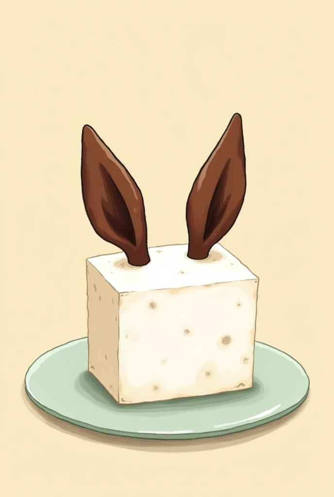 Simple illustrations with thick lines、Up to 4 colors。A horse&#39;s ear grows out of a square of tofu on a plate.。No parts other than the ears are needed