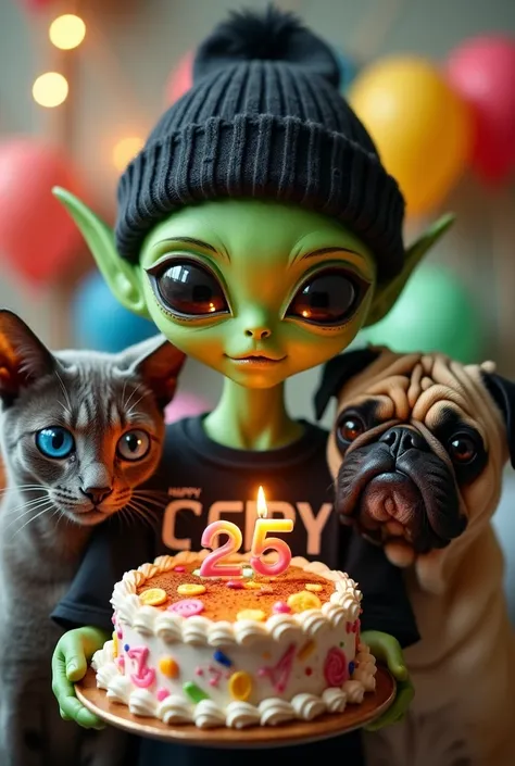 small green male alien with cute face, dressed in a black beanie and a black t-shirt with the name Cry on it and holding a 25th birthday cake with realistic and intricate details, accompanied by an Egyptian cat and a pug dog
