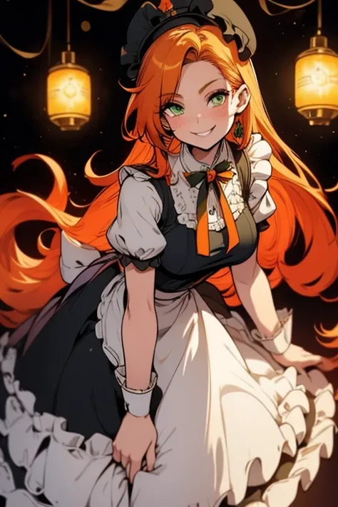 Perfect face. Perfect hands. An orange haired woman with green eyes and an hourglass figure in a Lolita maid dress is smiling while leaning forward in a fancy maid cafe