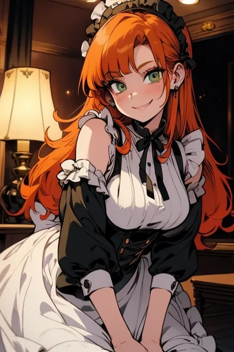 Perfect face. Perfect hands. An orange haired woman with green eyes and an hourglass figure in a Lolita maid dress is smiling while leaning forward in a fancy maid cafe