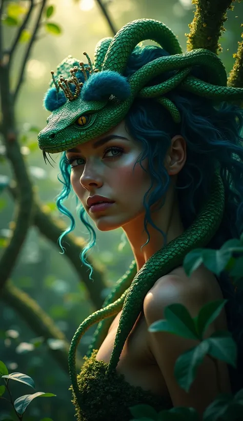 Visually captivating artwork, with skillful use of color, composition, and light. Innovative artwork, showcasing unique and imaginative concepts. (medusa and hemlock), (hyperrealism), (high-detailed), Emotionally resonant artwork, effectively conveying a n...