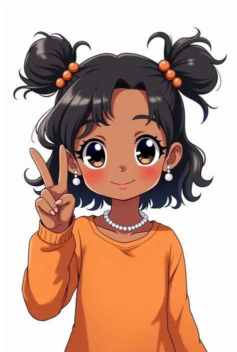 A little cute dark skinned anime girl, loose hair with a black bun behind, long and a little curly dark eyes Orange top in the center and a pearl necklace, white background and pearl earrings white background and front pose with one hand like this ✌🏽