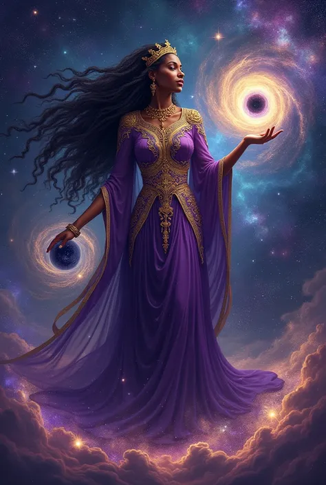 African woman. Astral magic. Floating runes. Royal garment. Wearin purple. Creating a planet. Standing on a galaxy . Holding a black hole. With long full hair
