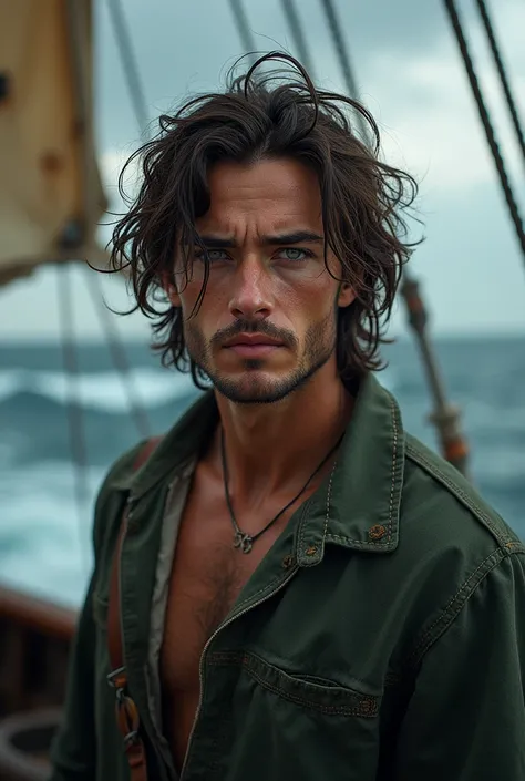 18 year old pirate, shoulder length hair, greenish eyes, skin tanned, Cao Cao, stark, striking face with defined jaw, unshaven beard 