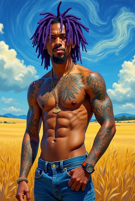 Um traper com dred roxo, shirtless with tattoos, it&#39;s stylish, at 22 years old without a beard, the United States singing, do it in the van gogh style
