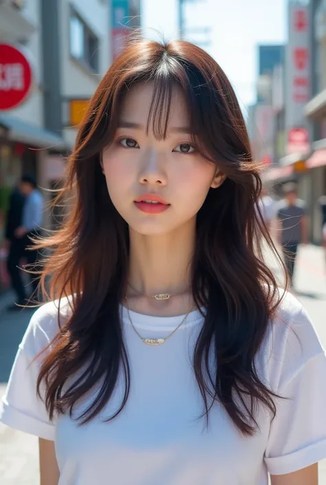 Wolf Hairstyles、Layered Cut、Light hairstyle、Medium length hairstyle that reaches the collarbone、Bright natural light、On the street、White T-shirt、K POPアイドル風な顔、Natural Makeup、Transparent dark hair color