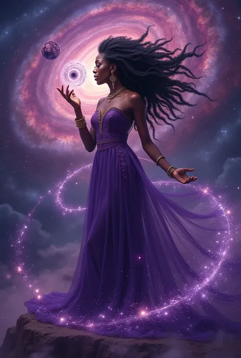 African woman. Astral magic. Floating runes. Royal garment. Wearin purple. Creating a planet. Standing on a galaxy . Holding a black hole. With long full kinky hair
