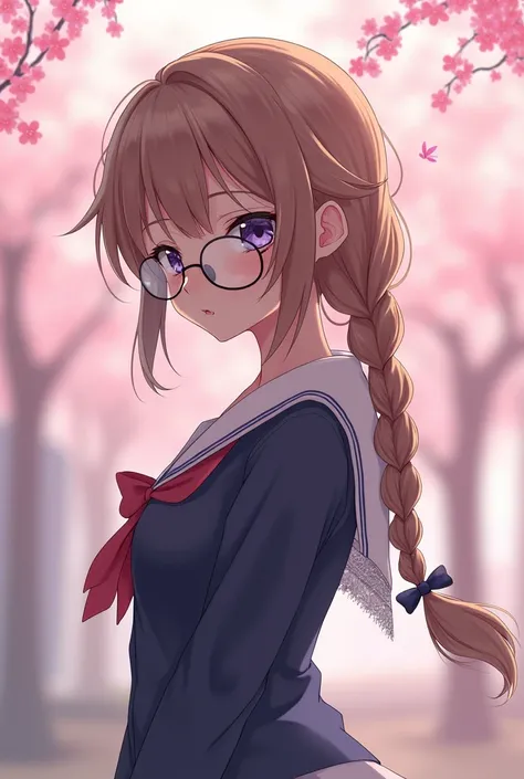 An anime girl, braid hair, big glasses, highschool unifom, head down, eyes covered, elegant, only upper body