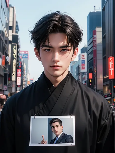 Photorealsitic, 8K Half Body Poster, a handsome, japanes, a 25-year-old man, A charming expression, detailed face details,TOKYOcty, buzzer, Shibuya in the background