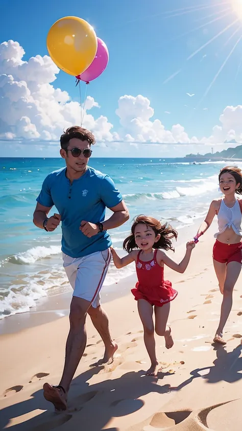 Family of 3 running at beach with balloons in hand, happy Family, people at beach, Sunnyday at beach, sunny sky, photoshoot, Rapier, melhor Rapier de adobe, publicity photo, at beach, shutter, gunfire, Bom dia, (colorfully), vacation photos, Family, vacati...