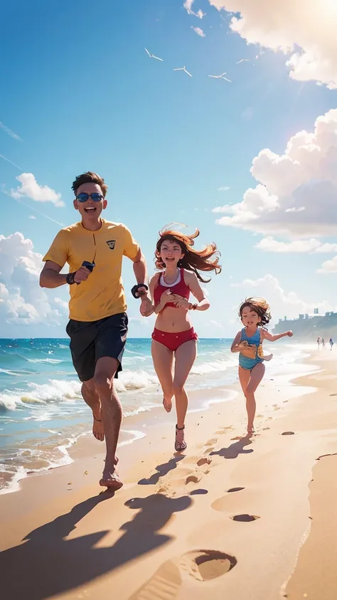 Family of 3 running at beach with balloons in hand, happy Family, people at beach, Sunnyday at beach, sunny sky, photoshoot, Rapier, melhor Rapier de adobe, publicity photo, at beach, shutter, gunfire, Bom dia, (colorfully), vacation photos, Family, vacati...