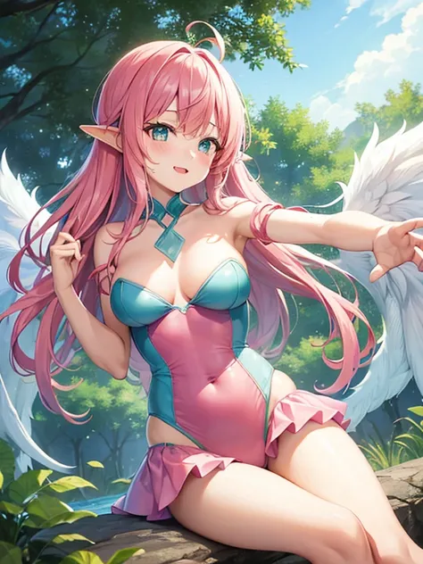 1girl, fun loving female fairy, 1thumb and 4 fingers on each and, 1hand on each arm, 1arm on each shoulder, 1foot on each leg, pink long hair, aqua shiny no-crossed eyes, pink and aqua leotard, pink and aqua sleeve on each arm, pink and aqua leg warmer on ...