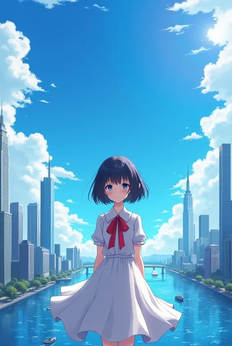 1 girl,hits,negro_hair,blue_sky,puinte,building,castillo,city,cityscape,cloud,day,dress,looking_in_viewer,outdoor,red_ties,red_Love,Love,river,short_hair,short_sleeves,sky,skyscraper,Alone,standing,city,winer,(masterpiece,cheered up,newest,new,exceptional:...