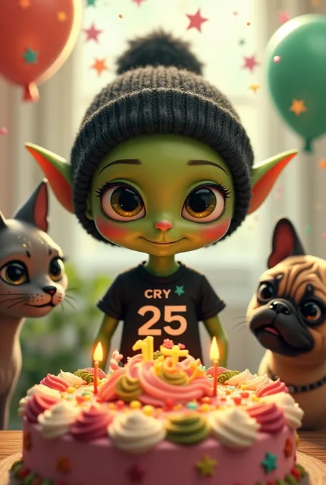 small green male smiling alien with cute face, dressed in a black beanie and a black t-shirt with the name CRY on it and carrying a 25th birthday cake with intricate, animated details, accompanied by a bald Egyptian cat and a pug dog 