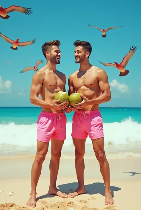 Two young beautiful tall skinny white man on the beach with coconut in hand with pink boxer shorts and rainbow white birds behind