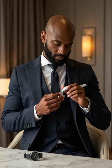 Realistic Black and bald man, using an expensive suit creaming 