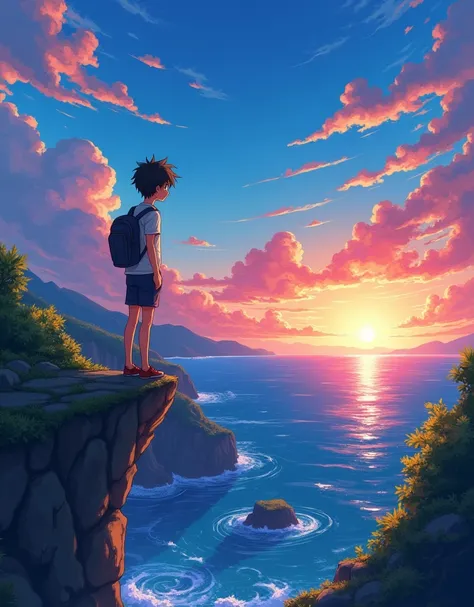 The image shows a young male anime character contemplating the ocean at sunrise, with a backdrop of a vibrant blue sky and red and orange hues from the sun.