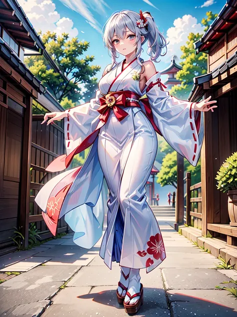 High definition、anime、pastel、A neat woman dressed in a shrine maiden outfit、Flowers sprout from beneath your feet、A long, flowing miko outfit、１８age、Half red long silver hair、Full body portrait、Wearing clogs、Large eyes like opals、Powerful eyes、Dance dedicat...