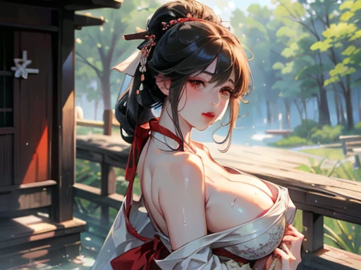 (Big Tits,valley,Plump,Saggy breasts,Rocket Breasts),sexy,whole body,(Long Hair,Black Hair,Straight bangs),Breast bag,(Shrine maiden,Priesthood,Shrine maiden服,Shrine maiden装束,Scarlet hakama,No sleeve),Religious Ceremony,ceremony,shrine,Tree Eyes,Worried br...