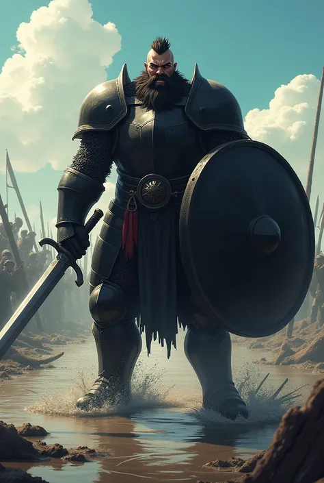 An anime character:
A fat man with a beard and a sadistic smile.
Wearing heavy black armor and with a long sword in his right hand and a large round black steel shield in his left. In the background you can see a battlefield in a very shallow river..