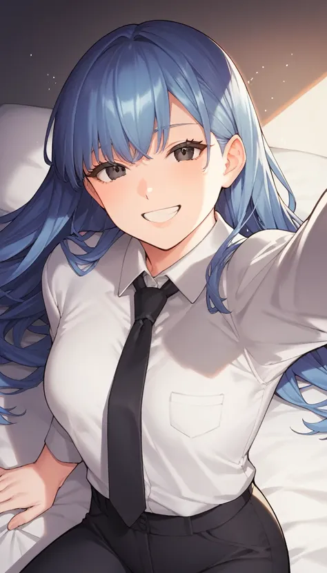 score_9, score_8_up, score_7_up, source_anime, 1girl, black eyes, room, wariza, long hair, feathered bangs haircut, blue hair, smile, portrait, blazer, starshadowmagician, solo, Adult woman, best perfect anatomy, thin, curvy body, flat breasts, curvy body,...