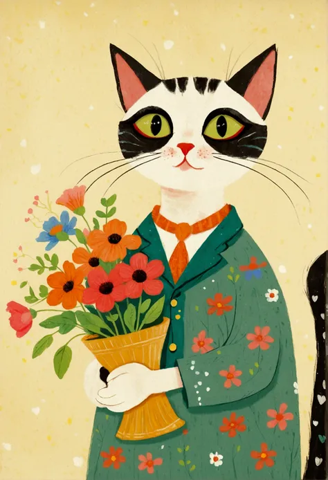 Childish Art, Folklore illustrations, Retro European Folk Art, Anthropomorphic cat,portrait， Traditional folk art style, Anthropomorphic cat, Holding flowers