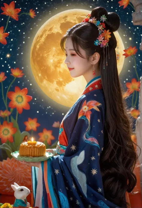 microphotography，felt style，1 girl wearing hanfu，felt clothing looks soft and warm in the moonlight，huge moon，sparkling stars，(s...