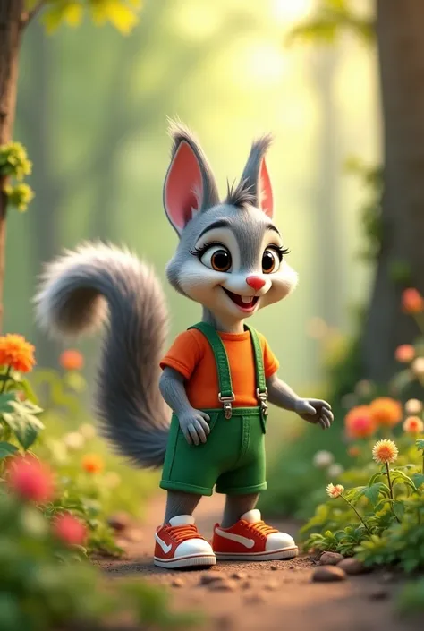 plastic toys，Gray squirrel in green suspenders and orange shirt，wearing sportshoes, Gray squirrel，Cute cartoon characters, Lovely characters, Cute forest creatures, Cartoon Style, Disney, 。.3d, 。.3d, sculpture,，Disney，Disney。3D Rendering, 3d model