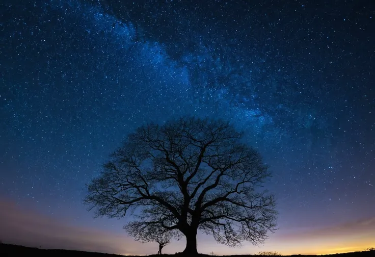 outdoors, sky, tree, no humans, night, star (sky), night sky, scenery, starry sky, bare tree