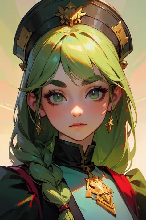 (Highest quality, masterpiece:1.2), High resolution, Very detailed, Realistic:1.37, Fantasy, An illustration, Green Eyes、Queen, Platinum decoration、beautifully、Eyeshadow Red、Thick eyebrows、Long eyelashes、pupils are black、Her hair is light green、Embarrassin...