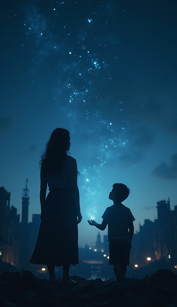 Professional photography, A city burned down in war and lost all its light. a mother and child look up at the midsummer night sky. The light of the starry sky gently illuminates the faces of the mother and child who lost everything in the war. The starry s...