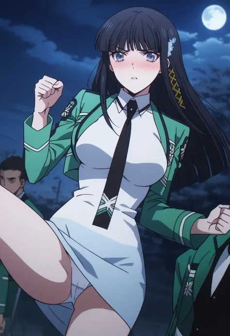 1girl, 独奏, masterpiece, best quality, 
mahouka koukou no rettousei, Miyuki Shiba, Shiba Miyuki, black eyes, Blue eyes, tsurime, eyelashes, black hair, long hair, Hime cut, straight hair, blunt bangs, blunt ends, sidelocks, hair ornament, snowflake hair orn...