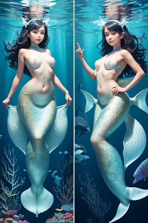 A sexy 13-yr Asian girl is(( wearing a fish head band))(( wearing transparent  mermaids costume sexy full body detail anatomy figure)), wearing transparent one piece scally detailed on skin, wearing scally fish like skin texture body, lifting up plump puss...