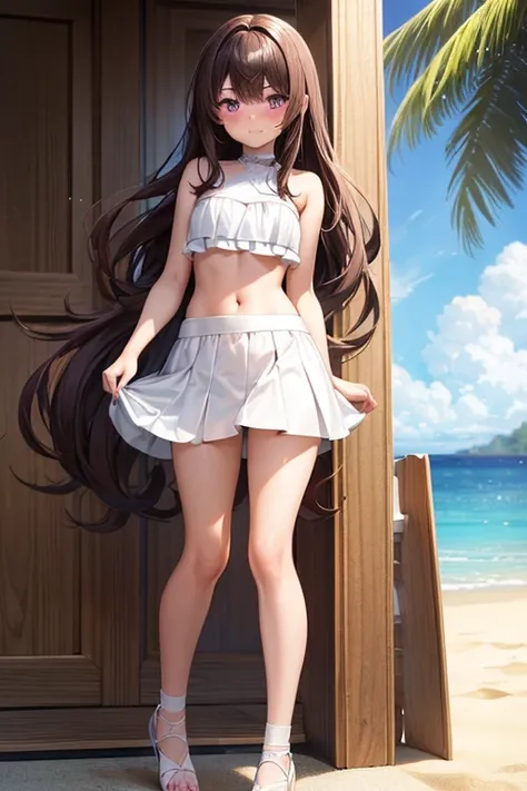 ((best quality)), ((masterpiece)), (detailed), a girl, full body, 19 years old, embarrassed face, young adult, somewhat short stature, purple eyes, brown hair, slightly wavy hair, long hair, bangs, blush, very small breasts, sexy white bikini with skirt, s...