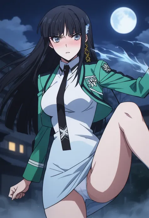 1girl, 独奏, masterpiece, best quality, 
mahouka koukou no rettousei, Miyuki Shiba, Shiba Miyuki, black eyes, Blue eyes, tsurime, eyelashes, black hair, long hair, Hime cut, straight hair, blunt bangs, blunt ends, sidelocks, hair ornament, snowflake hair orn...