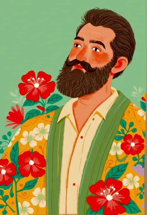 there is a man with a beard, Digital rendering by Paul Bird, Shutterstock competition winner, Folk art, Red Flowers-Hawaiian Shirt， Imitating Corey Loftis, Juster Battle,Solid color background