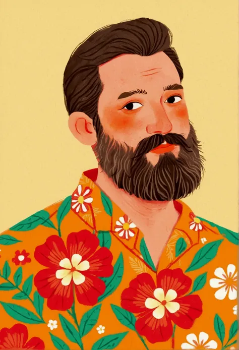 there is a man with a beard, Digital rendering by Paul Bird, Shutterstock competition winner, Folk art, Red Flowers-Hawaiian Shirt， Imitating Corey Loftis, Juster Battle,Solid color background