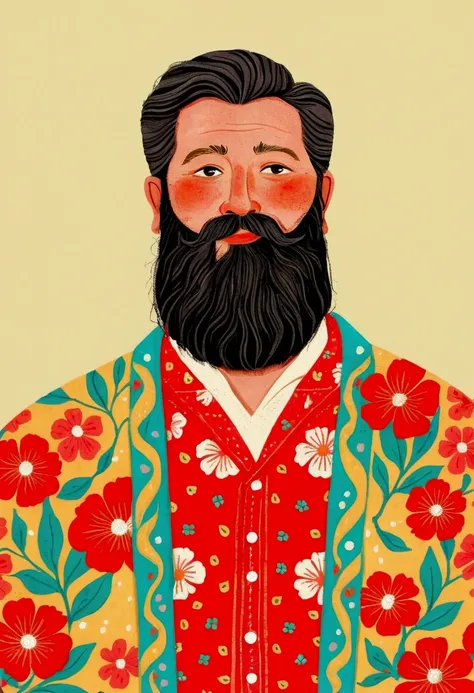 there is a man with a beard, Digital rendering by Paul Bird, Shutterstock competition winner, Folk art, Red Flowers-Hawaiian Shirt， Imitating Corey Loftis, Juster Battle,Solid color background