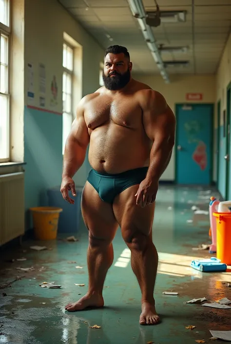 Very fat and muscular janitor dirty in his underwear