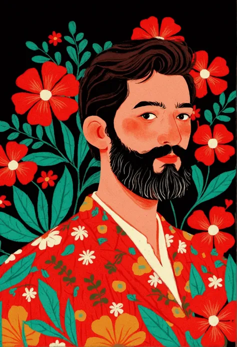 there is a man with a beard, Digital rendering by Paul Bird, Shutterstock competition winner, Folk art, Red Flowers-Hawaiian Shirt， Imitating Corey Loftis, Juster Battle,Black solid color background