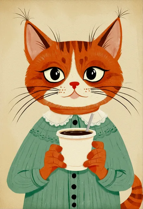 Childish Art, Folklore illustrations, Retro European Folk Art, Anthropomorphic cat,portrait， Traditional folk art style, Anthropomorphic cat, Hand holding coffee cup - paper cup