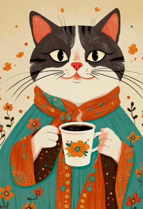 Childish Art, Folklore illustrations, Retro European Folk Art, Anthropomorphic cat,portrait， Traditional folk art style, Anthropomorphic cat, Hand holding coffee cup - paper cup