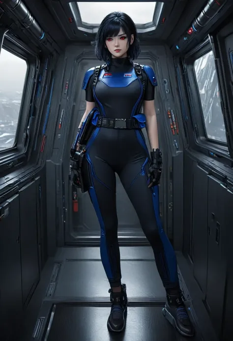 a female chiss with royal blue skin, black hair, and red eyes, wearing a black jumpsuit, tool belt, in a full body pose, standin...