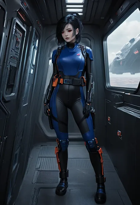 a female chiss with royal blue skin, black hair, and red eyes, wearing a black jumpsuit, tool belt, in a full body pose, standin...