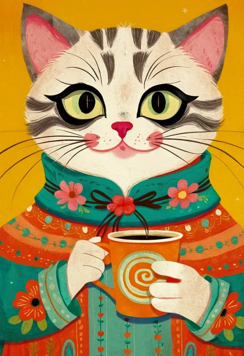 Childish Art, Folklore illustrations, Retro European Folk Art, Anthropomorphic cat,portrait， Traditional folk art style, Anthropomorphic cat, Hand holding coffee cup - paper cup，Bright colors