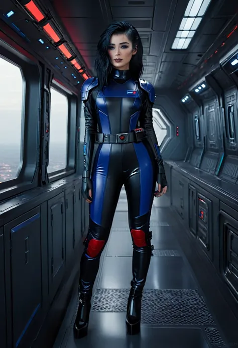 a female chiss with midnight blue skin, black hair, and red eyes, wearing a black jumpsuit, tool belt, in a full body pose, stan...