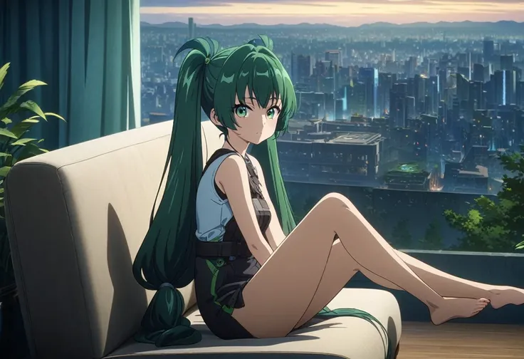 Full body view，masterpiece，high resolution，Anime Art，Anime Numbers， 4k anime wallpaper，Soft Light，Looking at the camera，1 anime girl，Sitting on the sofa，Green twin ponytails，Green eyes，Slender legs，Modern City